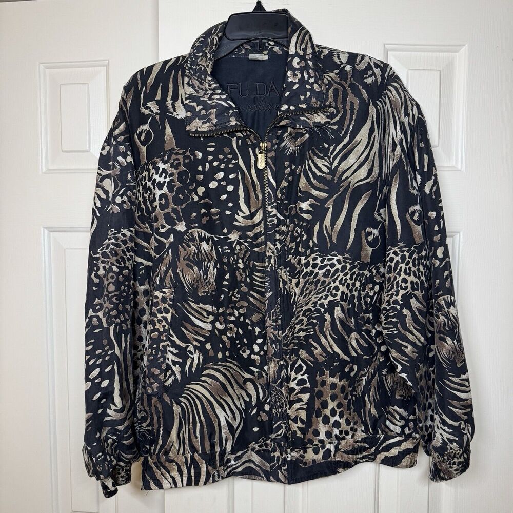 Vintage 80s Silk Tiger Leopard Animal Print All Over Bomber Jacket Medium